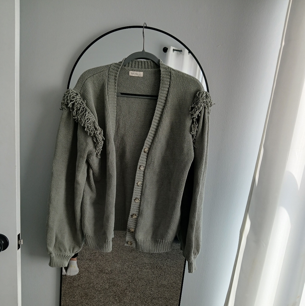 Rylee + Cru Olive Cardigan with Fringe Accents